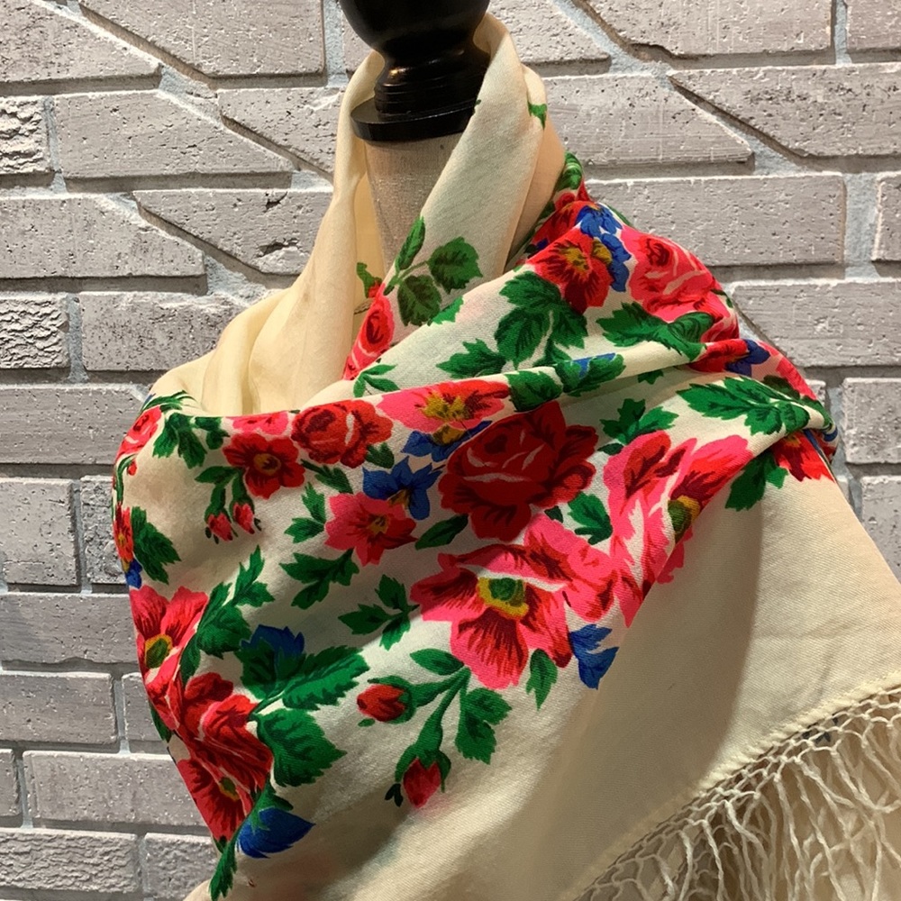 💙💛 Vintage Ukrainian Wool Scarf Khustka Floral 1980s 💙💛